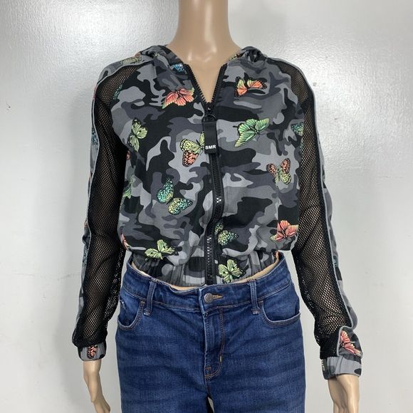 Sommer Ray Tops - Sommer Ray Hoodie Womens Small Gray Camo & Butterflies Full Zipper Net Sleeves